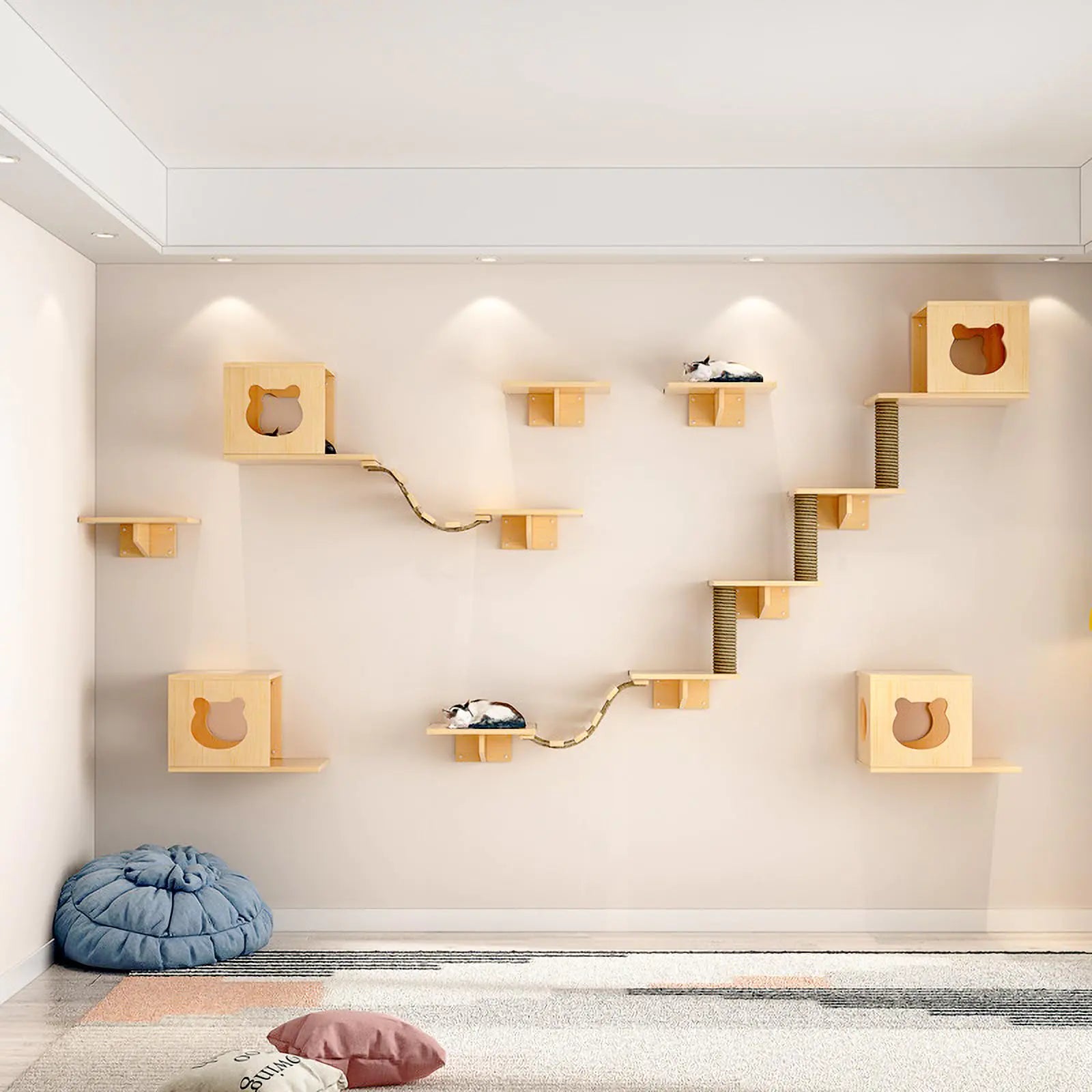 Cat Wall Shelves Cat Wall Furniture Cat Shelves and Perches for Wall Cat Wall Steps Set with 2 Cat Condos House 6 Cat Wall Shelves 2Ladder 1 Sisal Cat Scratching Post (C)